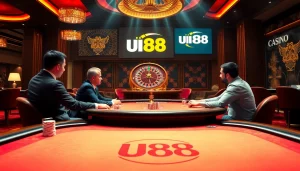 UU88 players enjoying a thrilling poker game at a luxurious casino table.