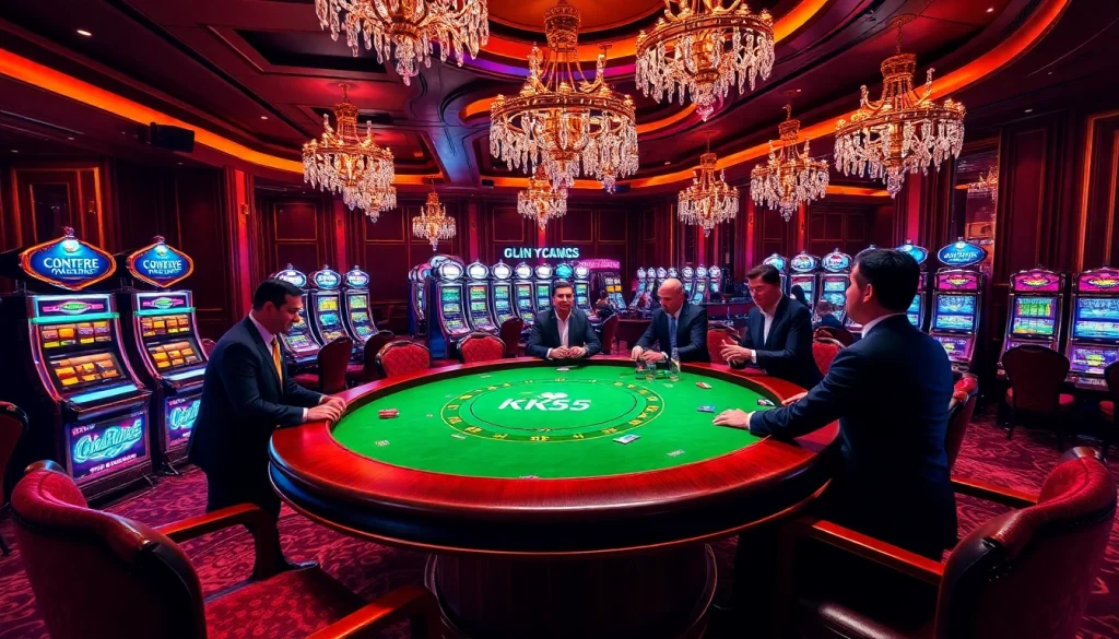 Exciting casino atmosphere featuring the KK55 poker table, luxe decor, and vibrant gaming.