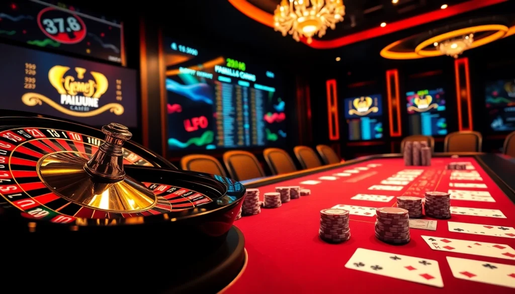 Experience excitement and thrill at https://gamemanclub.wiki with a luxurious casino scene featuring roulette, poker chips, and online interfaces.