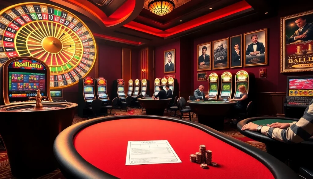 Experience the thrilling excitement of gambling at 789winco com with opulent casino visuals featuring roulette wheels and poker tables.