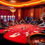 Players engaging in a thrilling MK8 poker game at a luxurious casino table illuminated with golden lights.