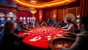 Players engaging in a thrilling MK8 poker game at a luxurious casino table illuminated with golden lights.