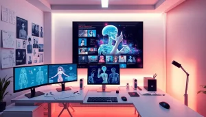 Innovative workspace for NSFW AI development featuring modern tech and vibrant aesthetics.