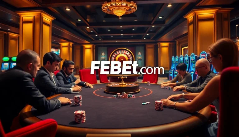 Engage with thrilling poker action at FEBET com, featuring vibrant chips and a roulette wheel.