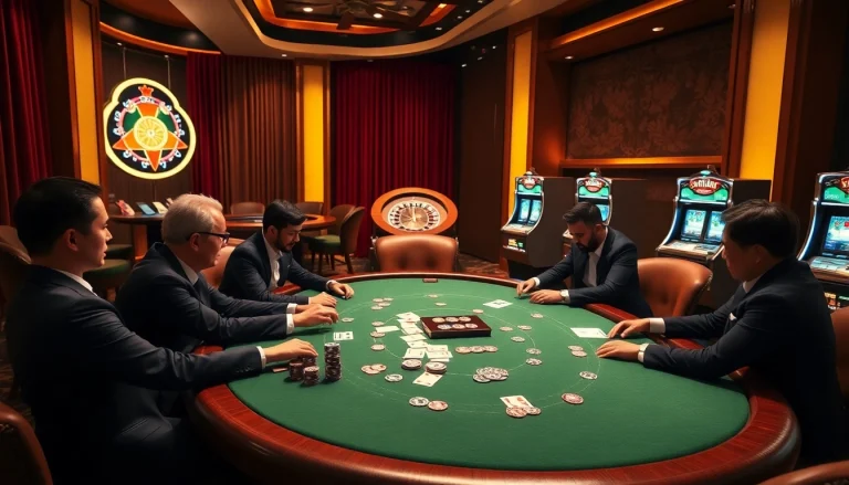 Engaged players at a SUNWIN poker table showcase high-stakes excitement in a luxurious casino atmosphere.