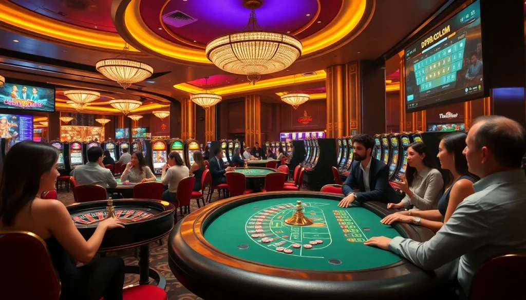 Gamblers enjoying varied games on DF999 com in a luxurious casino atmosphere with excitement and professionalism.