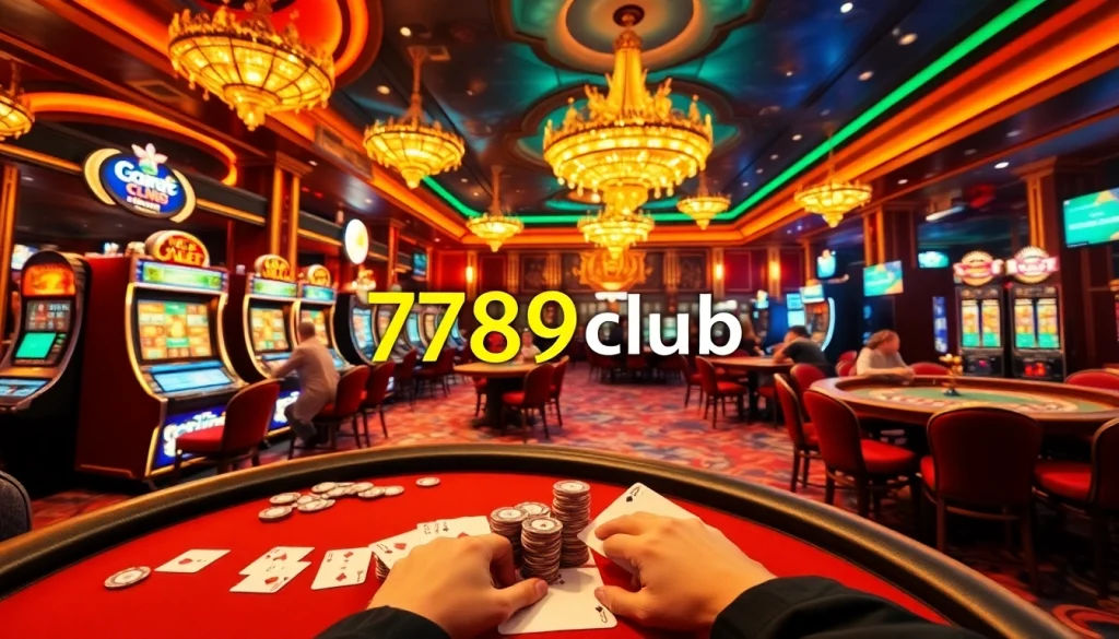 Experience the excitement of the 789club link amidst a luxurious casino scene filled with vibrant gaming elements.