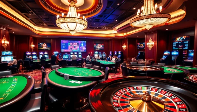 Players engage in thrilling games at 88vv casino with poker chips and vibrant tables.