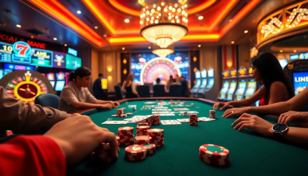 Engaging players in the thrilling game bài at a vibrant casino table with chips and cards.