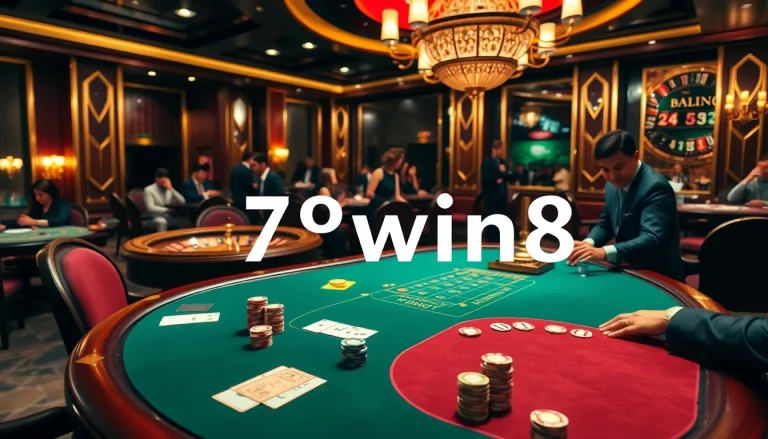 Experience the thrill of 78win8 at a luxurious casino table with vibrant poker chips and engaged players.