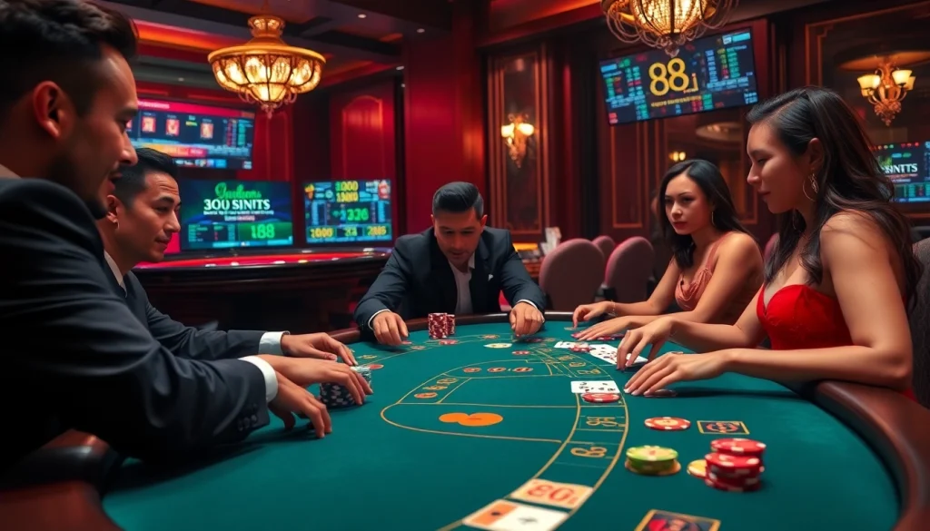 Exciting casino blackjack game at 88i with vibrant colors, poker chips, and focused players.