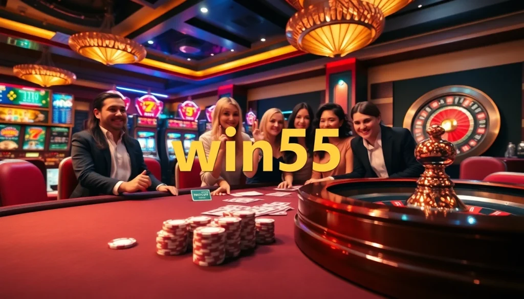 Experience the excitement of gaming with link win55 at a luxurious casino featuring poker tables and slot machines.