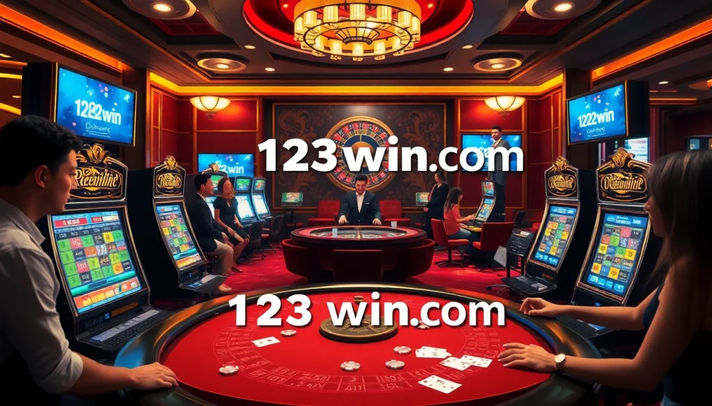 Experience the excitement of 123win com with a luxurious casino scene featuring poker tables and slot machines.