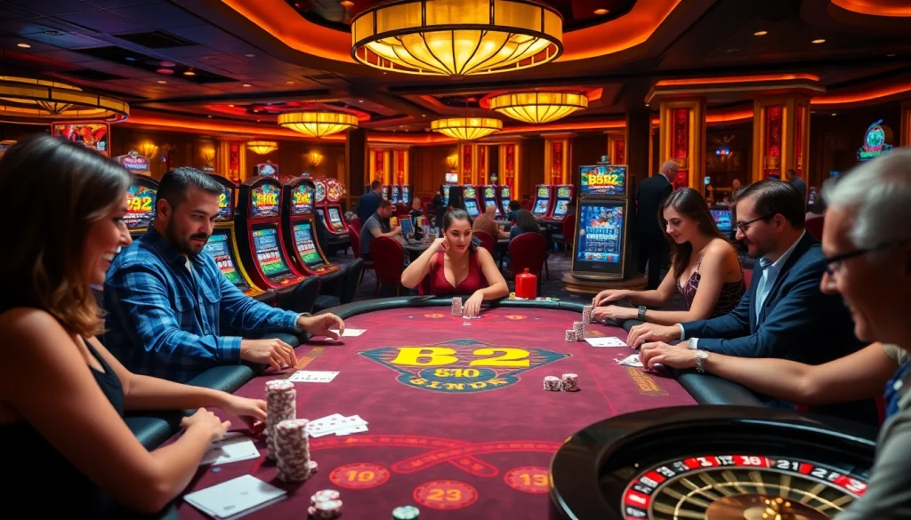 Players experiencing thrilling games at the B52 casino table with vibrant colors and excitement.