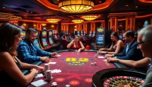 Players experiencing thrilling games at the B52 casino table with vibrant colors and excitement.