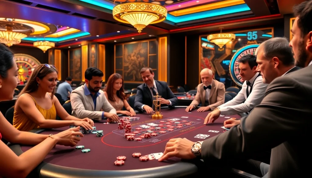 Gambling excitement at a poker table with the winning moment featuring KK55 chips.