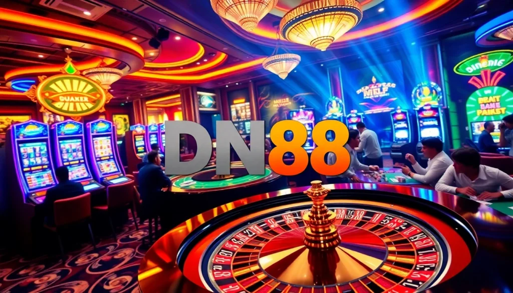 Engaging casino scene with vibrant lights and players enjoying DN88 gaming experience.