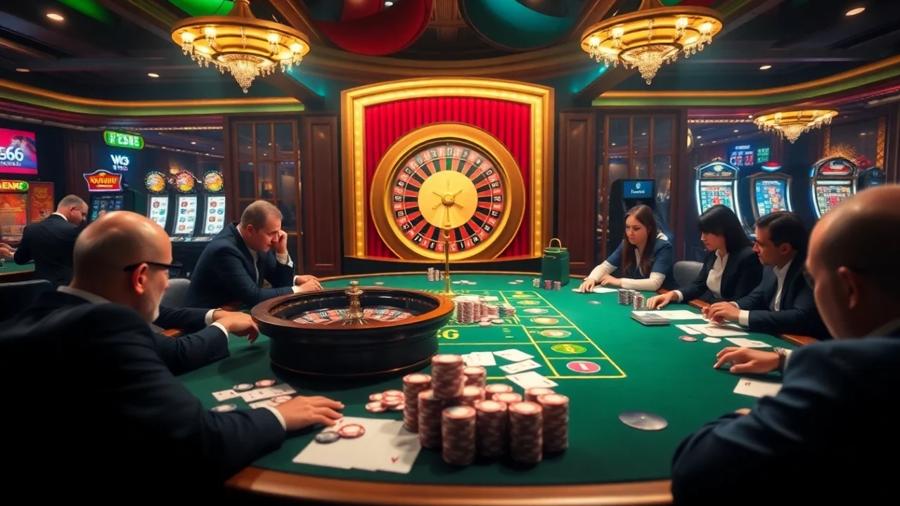 Experience the thrill of high-stakes gaming at MB66.COM's poker table with vibrant casino visuals.