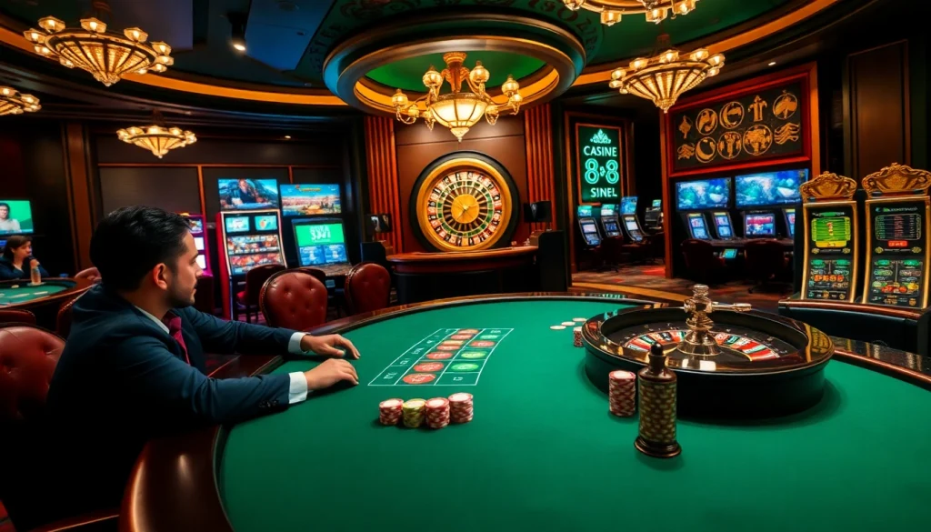 Experience the excitement of 88i at a vibrant casino scene filled with poker chips and roulette wheels.