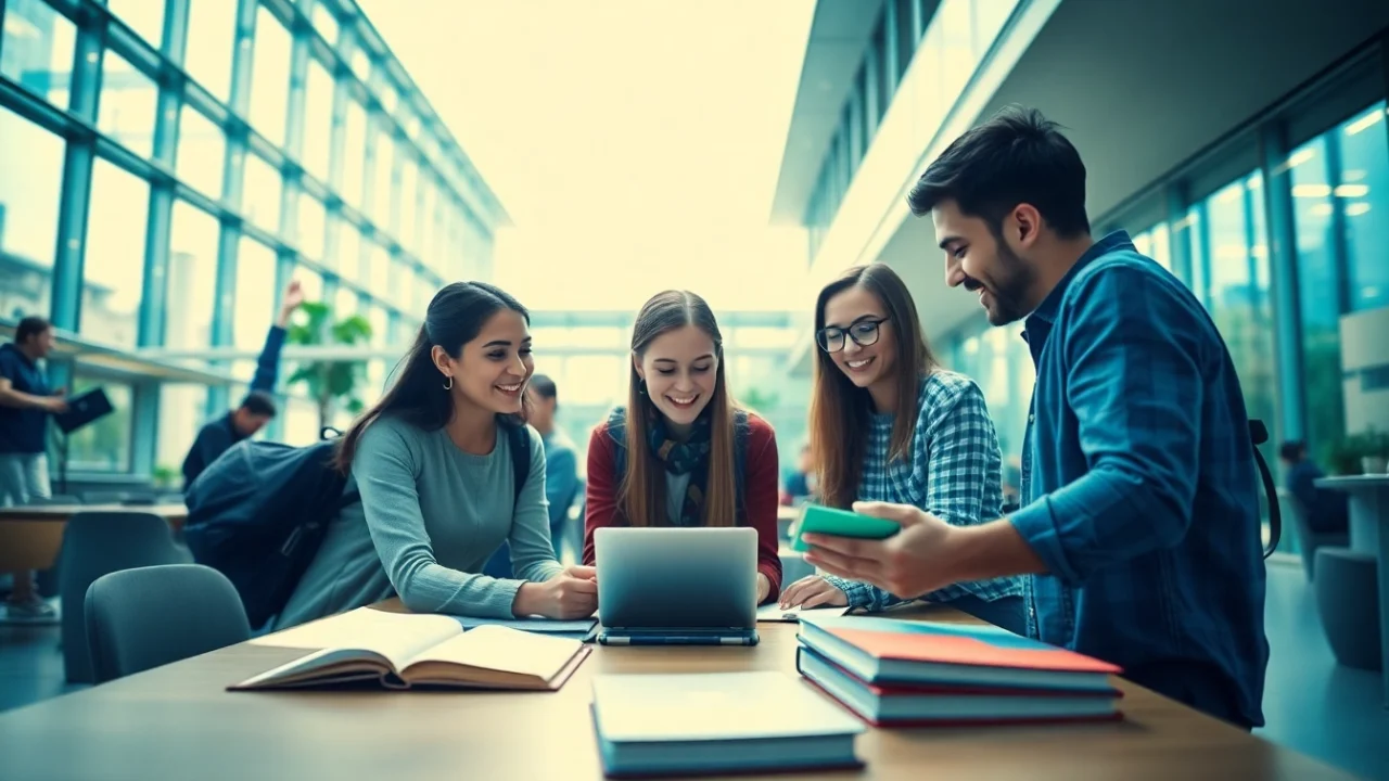 Dynamic scene of diverse students collaborating at Bahçeşehir University, representing the concept of :bahcesehir university apply.
