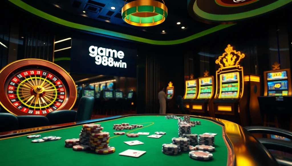 A thrilling scene from the game 98win showcasing poker chips and a roulette table in a luxurious casino.