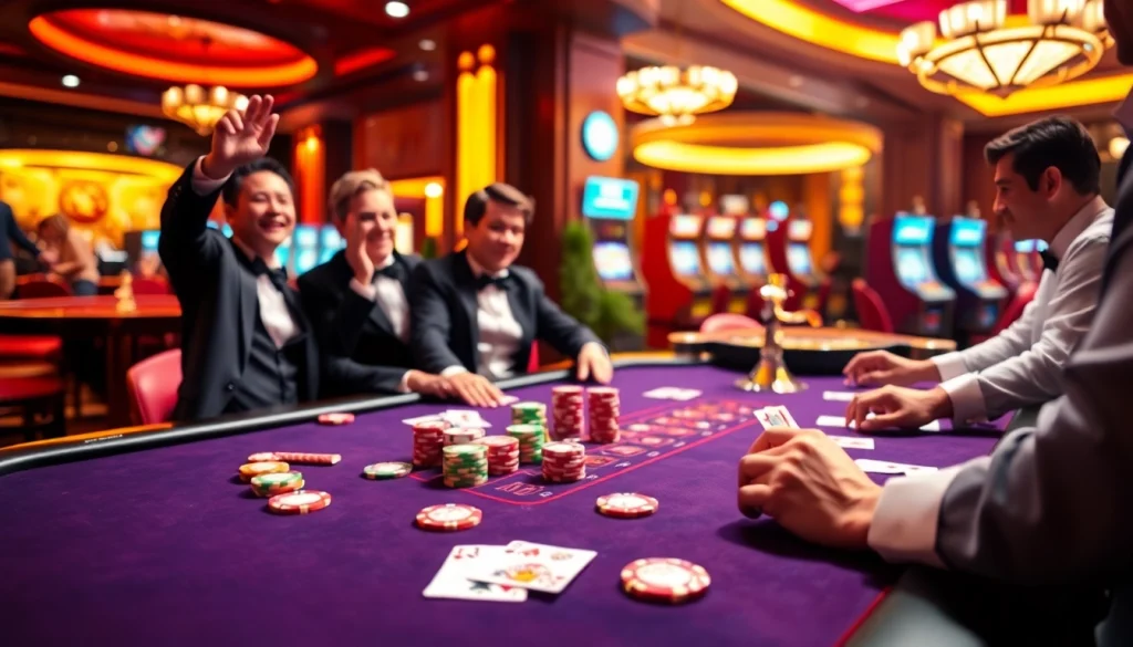 Experience excitement at MM99 casino with players engaged at a luxurious poker table, colorful chips, and an elegant ambiance.
