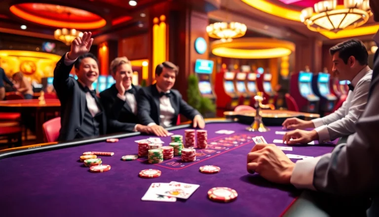 Experience excitement at MM99 casino with players engaged at a luxurious poker table, colorful chips, and an elegant ambiance.