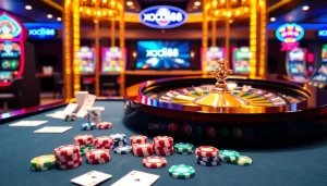 Xocdia88 players engaging in exciting online casino games with poker chips and roulette wheel.