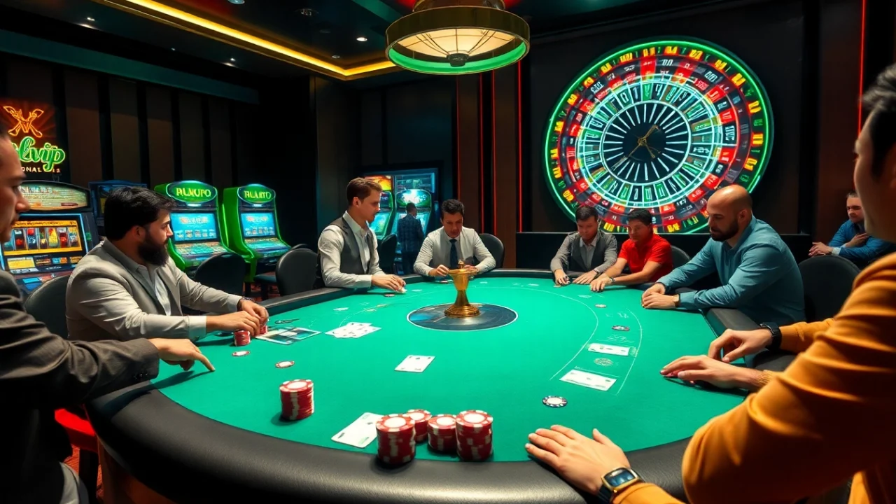 Engage in strategic poker at rik vip's luxurious casino table, featuring vibrant chips and lively ambiance.
