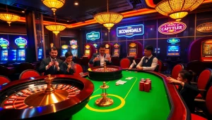 Sao789 poker game scene showcasing excitement with vibrant chips and a roulette wheel.