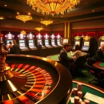 Experience thrilling moments at Sunwin casino with players at poker tables and a spinning roulette wheel.