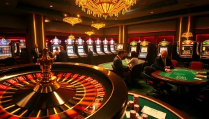 Experience thrilling moments at Sunwin casino with players at poker tables and a spinning roulette wheel.