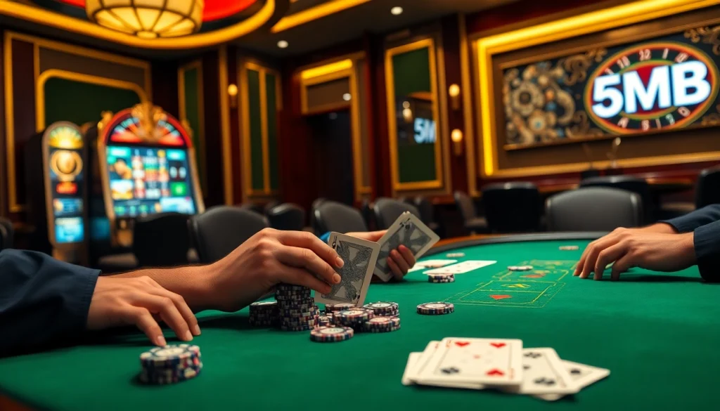 High-stakes poker action with a professional setting, featuring 5MB poker chips and illuminated game elements.