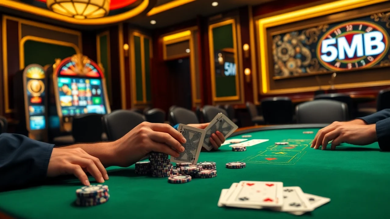 High-stakes poker action with a professional setting, featuring 5MB poker chips and illuminated game elements.