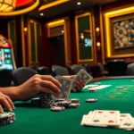 High-stakes poker action with a professional setting, featuring 5MB poker chips and illuminated game elements.