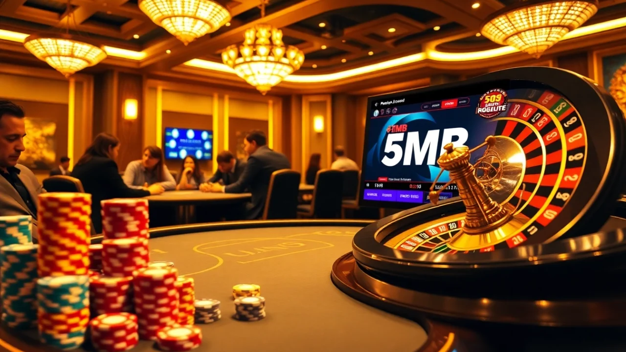 Players strategizing at a casino table with a focus on the 5MB gaming platform, capturing excitement and professionalism.