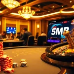 Players strategizing at a casino table with a focus on the 5MB gaming platform, capturing excitement and professionalism.