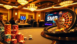Players strategizing at a casino table with a focus on the 5MB gaming platform, capturing excitement and professionalism.