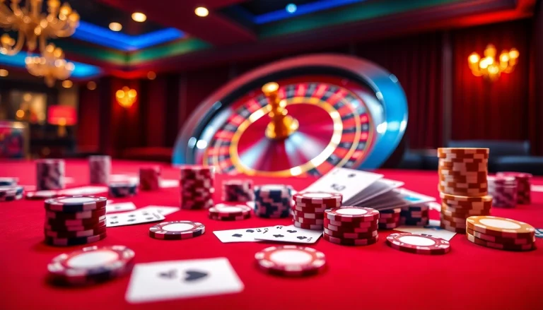 Action-packed BJ88 casino scene featuring poker chips and playing cards at an elegant table.