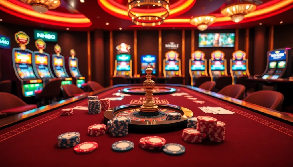Experience thrilling gameplay at NH88 casino with vibrant tables, chips, and roulette wheels.