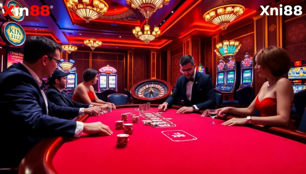 Exciting poker action at Xin88 with vibrant casino ambiance and high-stakes gameplay.