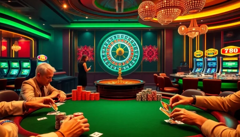 Exciting scene at 789 club showcasing vibrant poker tables and roulette wheels.