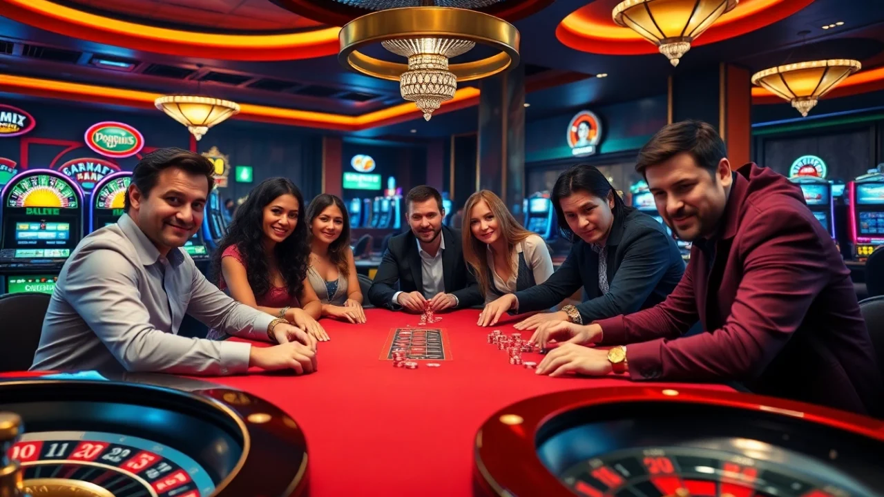 Engage in the thrilling game ok8386 with poker players in a luxurious casino setting, showcasing strategy and excitement.