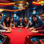 Engage in the thrilling game ok8386 with poker players in a luxurious casino setting, showcasing strategy and excitement.