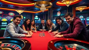 Engage in the thrilling game ok8386 with poker players in a luxurious casino setting, showcasing strategy and excitement.