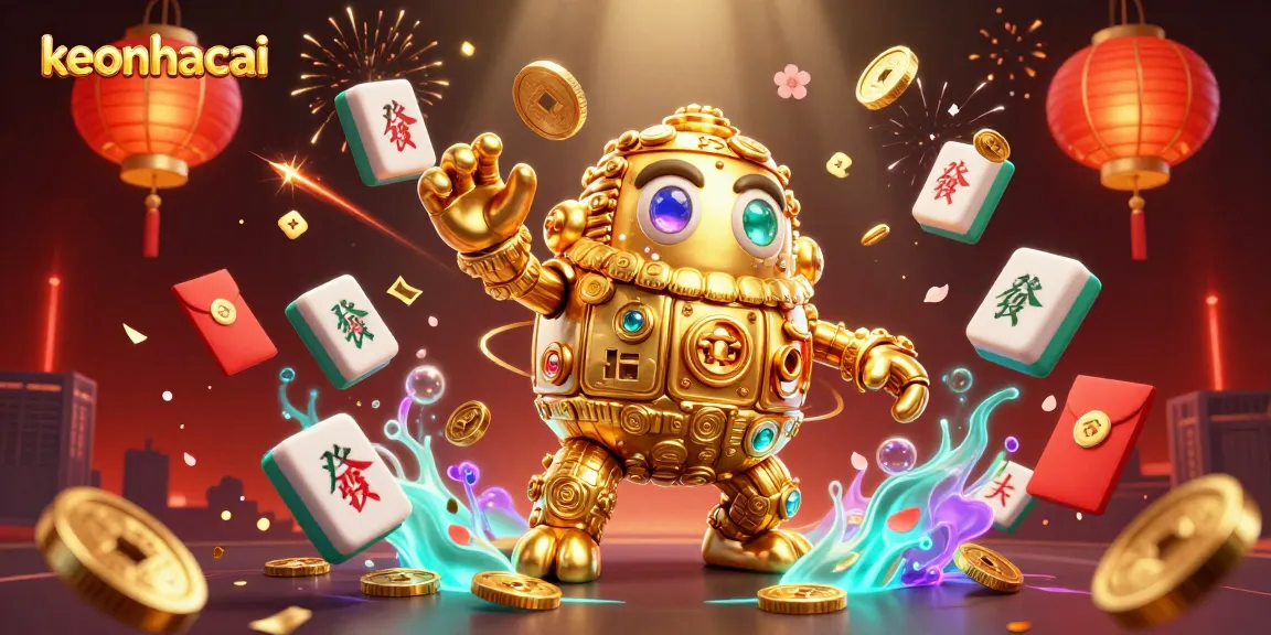 Experience keonhacai's exciting gambling world with a golden golem amidst vibrant casino elements.